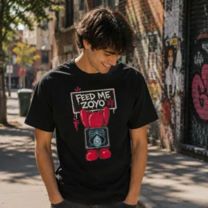 Man wearing the black Feed Me ZOYO X-Ray Tee in the city