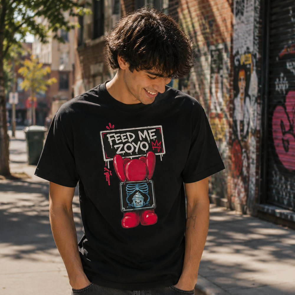 Man wearing the black Feed Me ZOYO X-Ray Tee in the city
