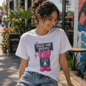 Woman wearing the white Feed Me ZOYO X-Ray Tee