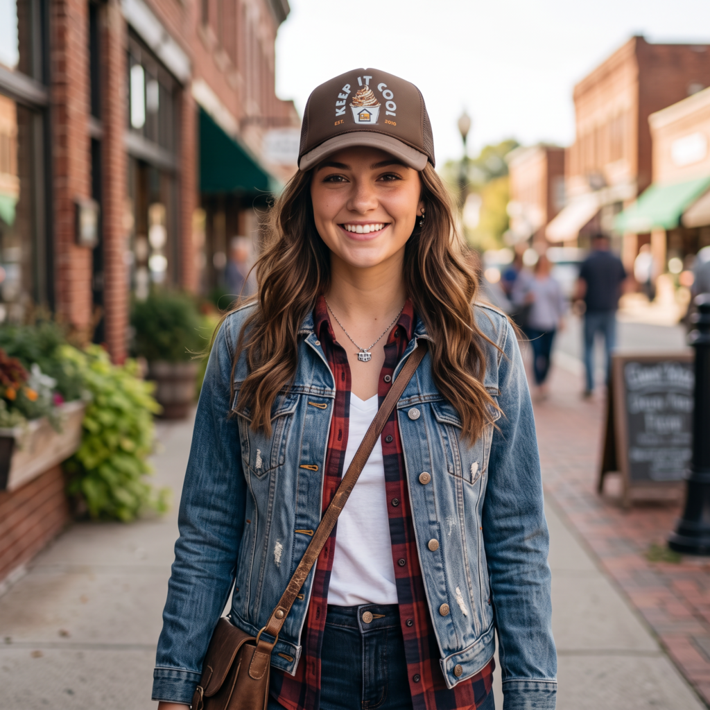 Young woman wearing the brown ZOYO Keep It Cool trucker hat