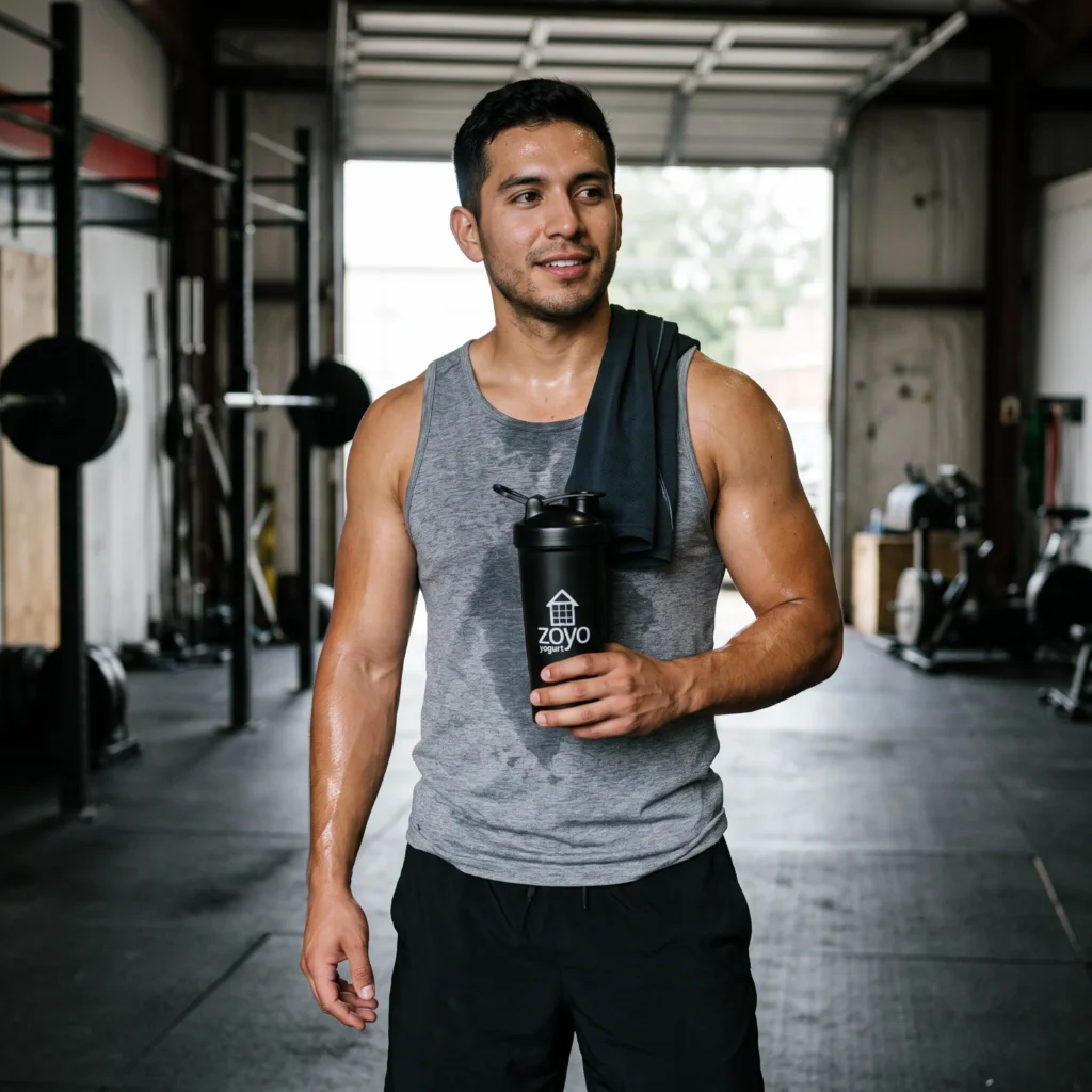 Man holding the black ZOYO Shaker Bottle after a workout