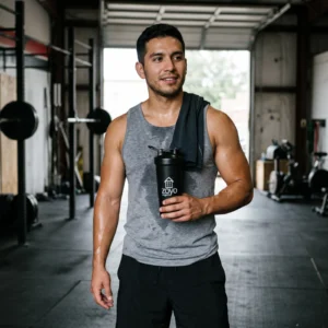 Man holding the black ZOYO Shaker Bottle after a workout