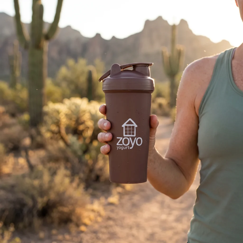 Runner holding the brown ZOYO Shaker Bottle on a desert trail in Phoenix