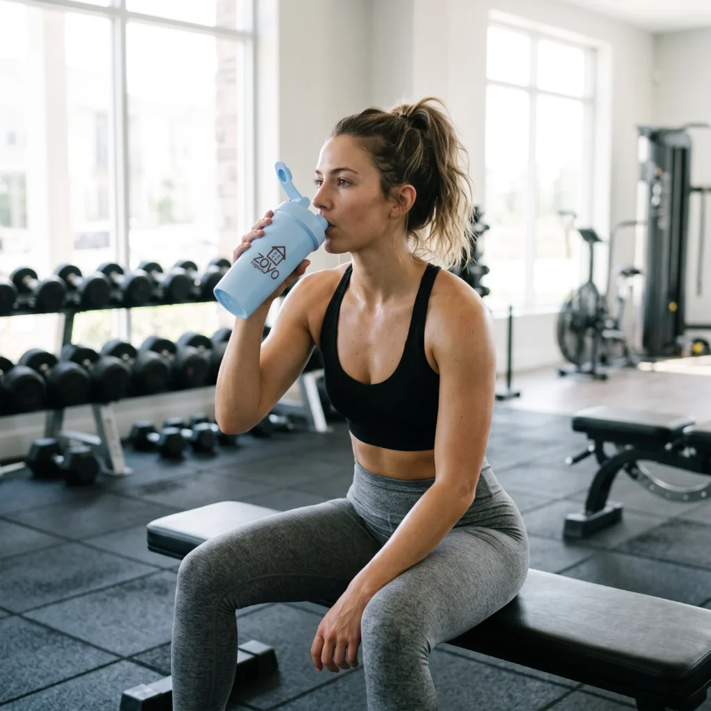 Woman drinking from the light blue ZOYO Shaker Bottle at the gym