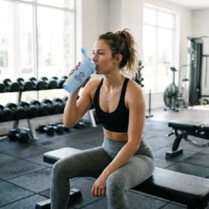 Woman drinking from the light blue ZOYO Shaker Bottle at the gym