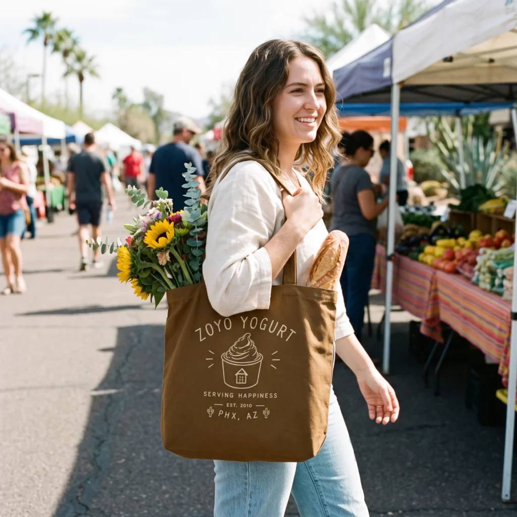 Woman carrying the brown ZOYO Tote Bag at a farmers market in Phoenix