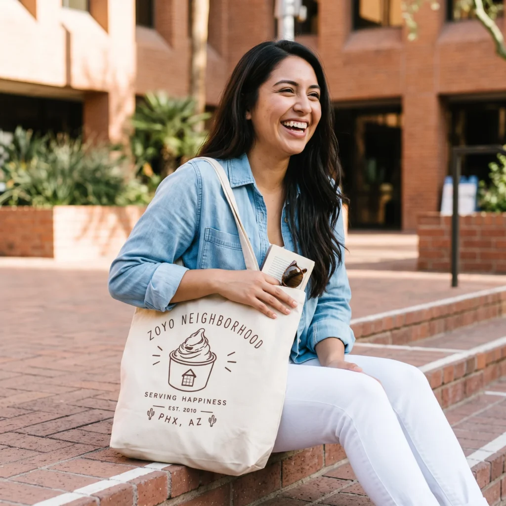 Woman with the natural ZOYO Tote Bag on brick steps in downtown Phoenix